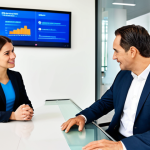 A professional financial advisor, fully clothed in a modest business suit, engages in a calm and reassuring discussion with a client at a modern bank counter. The setting is a clean, well-lit financial institution lobby, featuring sleek architectural lines and subtle branding. The focus is on trust and transparent communication, with digital screens displaying financial information in the background. perfect anatomy, correct proportions, natural pose, well-formed hands, proper finger count, natural body proportions, professional photography, high quality, fully clothed, appropriate attire, safe for work, appropriate content, professional, family-friendly.