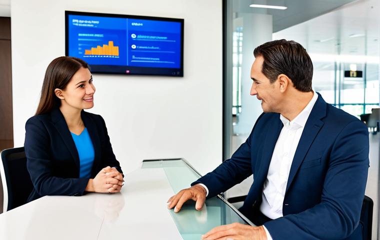 A professional financial advisor, fully clothed in a modest business suit, engages in a calm and reassuring discussion with a client at a modern bank counter. The setting is a clean, well-lit financial institution lobby, featuring sleek architectural lines and subtle branding. The focus is on trust and transparent communication, with digital screens displaying financial information in the background. perfect anatomy, correct proportions, natural pose, well-formed hands, proper finger count, natural body proportions, professional photography, high quality, fully clothed, appropriate attire, safe for work, appropriate content, professional, family-friendly.