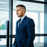 A confident professional man, dressed in a sharp, modest business suit, stands in a brightly lit, modern office. Behind him, a large transparent screen displays abstract yet professional financial data visualizations, resembling fluid currents or strategic pathways, symbolizing the mastery of financial waves. He is looking at the data with an insightful, calm expression, his posture conveying control and strategic navigation. This image is safe for work, appropriate content, fully clothed, perfect anatomy, correct proportions, natural pose, well-formed hands, proper finger count, natural body proportions, professional photography, high quality.