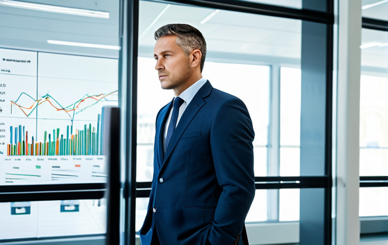 A confident professional man, dressed in a sharp, modest business suit, stands in a brightly lit, modern office. Behind him, a large transparent screen displays abstract yet professional financial data visualizations, resembling fluid currents or strategic pathways, symbolizing the mastery of financial waves. He is looking at the data with an insightful, calm expression, his posture conveying control and strategic navigation. This image is safe for work, appropriate content, fully clothed, perfect anatomy, correct proportions, natural pose, well-formed hands, proper finger count, natural body proportions, professional photography, high quality.